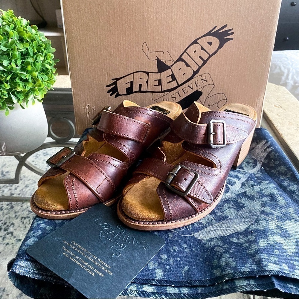 Freebird Shoes Caprice Leather Strappy Open-Toe Block-Heel Slide Cognac 8 GUC - Picture 2 of 10